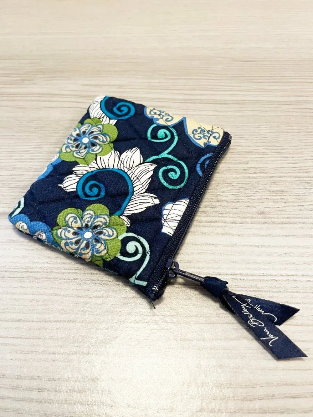 Vera Bradley Quilted Zip Coin Purse Wallet Card Holder Floral Blue Travel Pouch